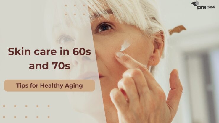 The woman in her 60s takes care of her facial skin